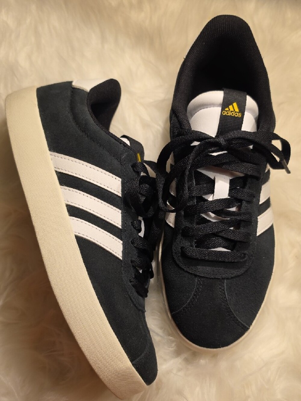adidas Black Suede and White Leather Low-Top Sneakers with Gold Logo